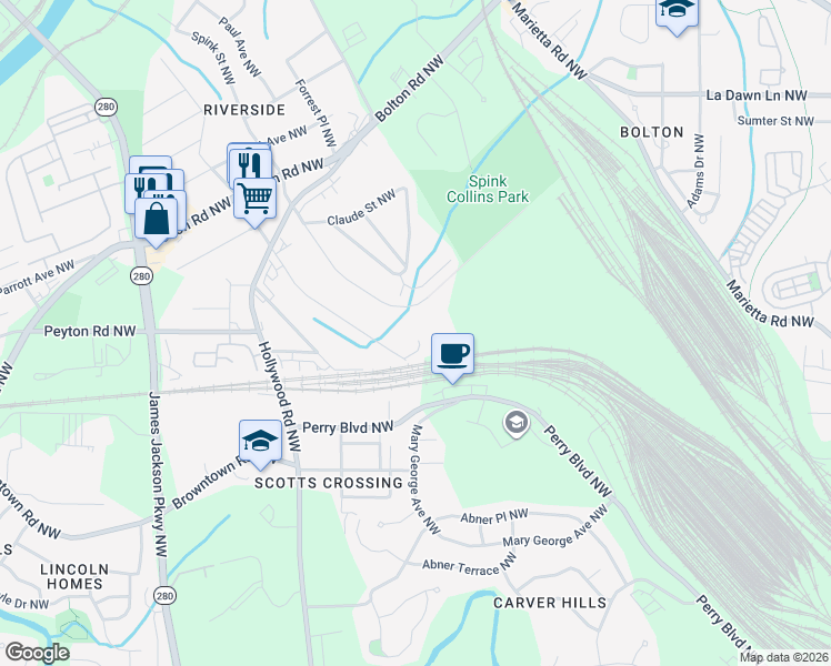 map of restaurants, bars, coffee shops, grocery stores, and more near 1945 Brantley Walk Lane in Atlanta