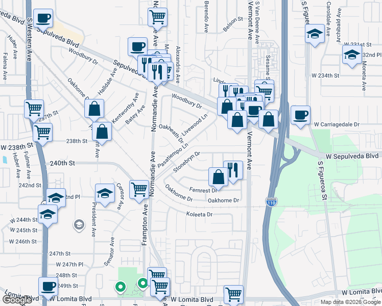 map of restaurants, bars, coffee shops, grocery stores, and more near 1053 Stonebryn Drive in West Carson