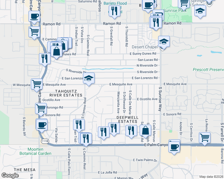 map of restaurants, bars, coffee shops, grocery stores, and more near 1177 East Mesquite Avenue in Palm Springs