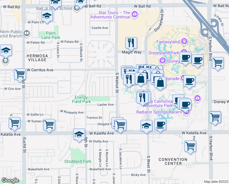 map of restaurants, bars, coffee shops, grocery stores, and more near 1613 South Walnut Street in Anaheim