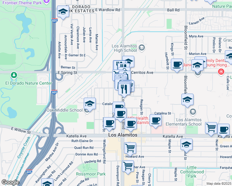 map of restaurants, bars, coffee shops, grocery stores, and more near 10622 Chestnut Street in Los Alamitos