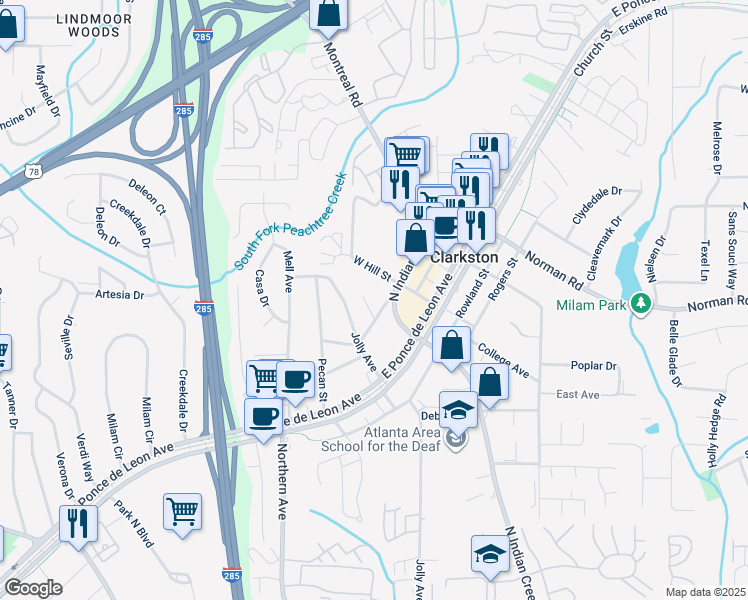 map of restaurants, bars, coffee shops, grocery stores, and more near 3581 West Hill Street in Clarkston