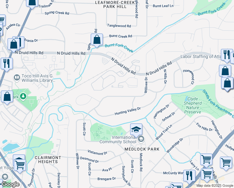 map of restaurants, bars, coffee shops, grocery stores, and more near 1100 Willivee Drive in Decatur