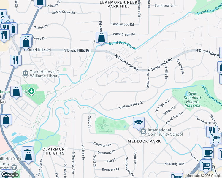 map of restaurants, bars, coffee shops, grocery stores, and more near 3457 North Druid Hills Road Northeast in Decatur