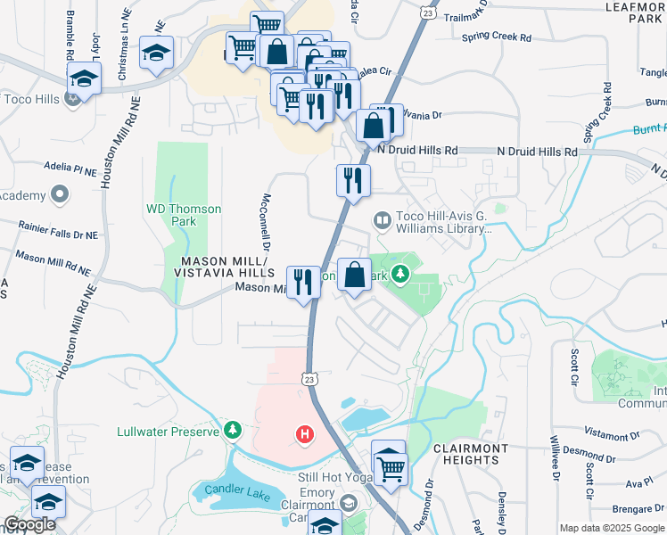 map of restaurants, bars, coffee shops, grocery stores, and more near 1053 Emory Parc Place in Decatur
