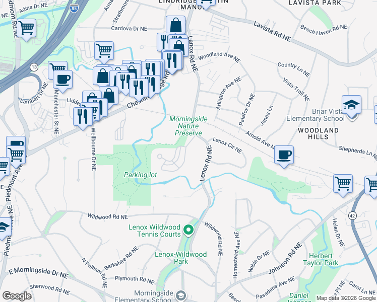 map of restaurants, bars, coffee shops, grocery stores, and more near 1101 Morningside Place Northeast in Atlanta