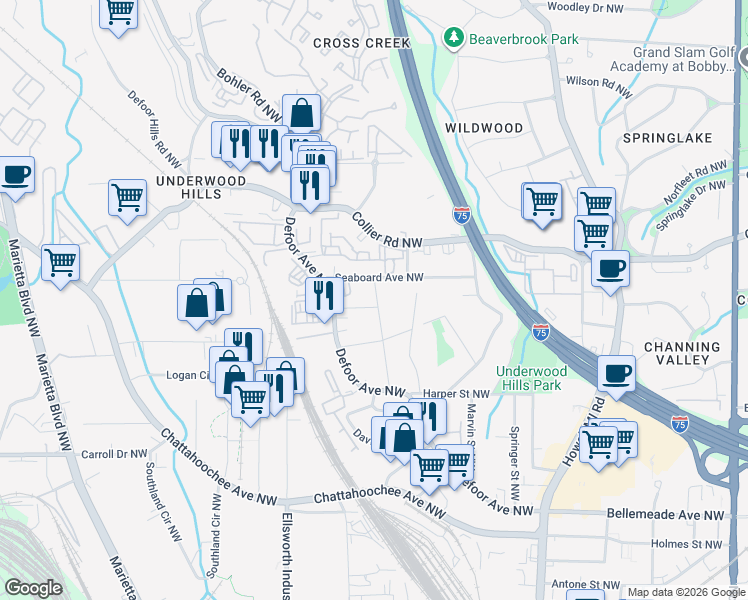 map of restaurants, bars, coffee shops, grocery stores, and more near 1072 Seaboard Avenue Northwest in Atlanta