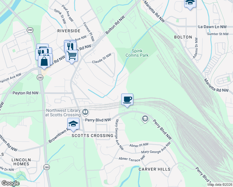 map of restaurants, bars, coffee shops, grocery stores, and more near 1945 Brantley Walk Lane in Atlanta