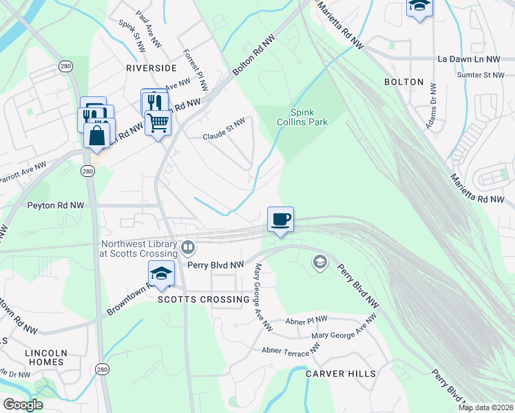map of restaurants, bars, coffee shops, grocery stores, and more near 1945 Brantley Walk Lane in Atlanta