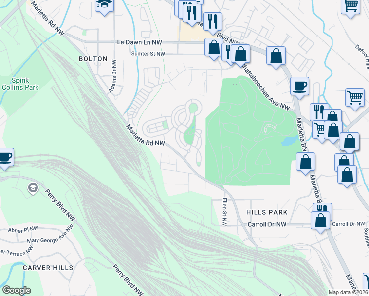 map of restaurants, bars, coffee shops, grocery stores, and more near 1505 Gilstrap Lane Northwest in Atlanta