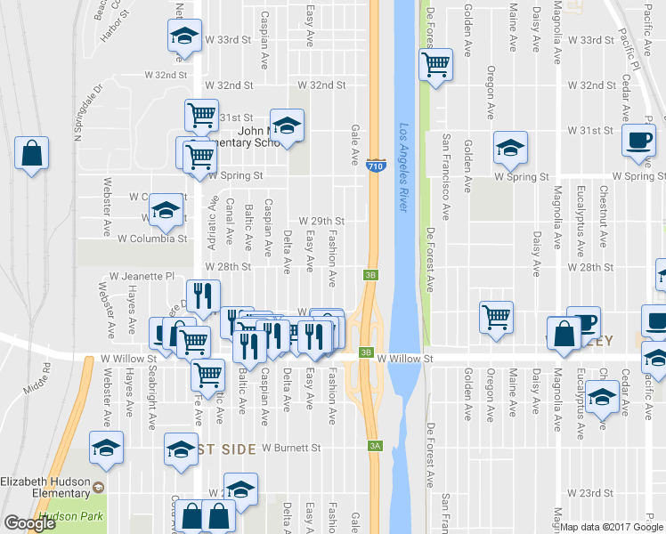map of restaurants, bars, coffee shops, grocery stores, and more near Fashion Avenue in Long Beach