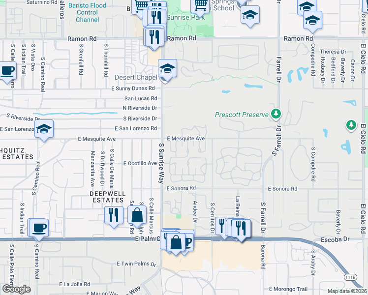 map of restaurants, bars, coffee shops, grocery stores, and more near 1010 Saint George Circle in Palm Springs