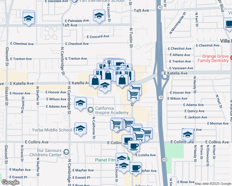 map of restaurants, bars, coffee shops, grocery stores, and more near 1195 North Lincoln Street in Orange