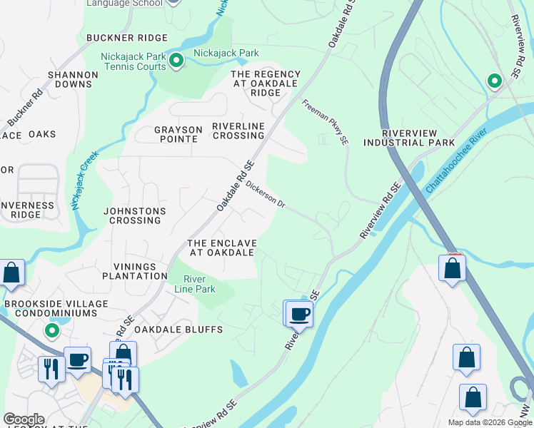 map of restaurants, bars, coffee shops, grocery stores, and more near 1621 Vinery Ln SE in Mableton