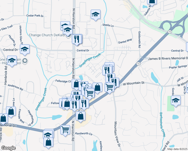 map of restaurants, bars, coffee shops, grocery stores, and more near 1022 Thorn Woode Lane in Stone Mountain