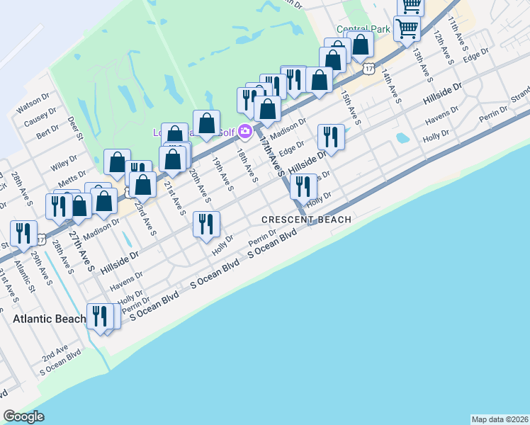 map of restaurants, bars, coffee shops, grocery stores, and more near 501 18th Avenue South in North Myrtle Beach