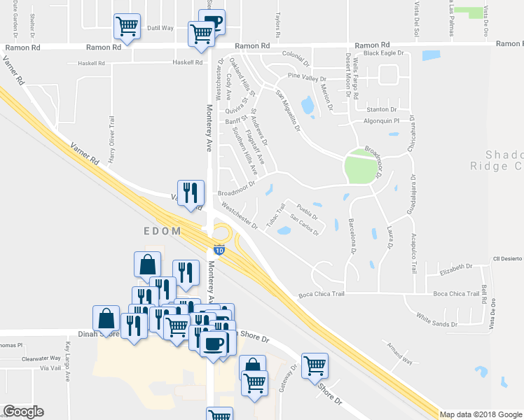 map of restaurants, bars, coffee shops, grocery stores, and more near 33204 Laredo Circle in Thousand Palms