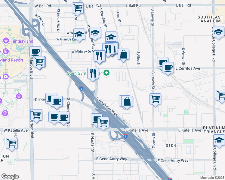 map of restaurants, bars, coffee shops, grocery stores, and more near 1588 S Anaheim Blvd in Anaheim