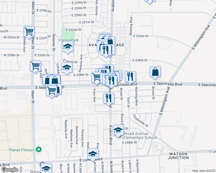 map of restaurants, bars, coffee shops, grocery stores, and more near 23825 North Avalon Boulevard in Carson