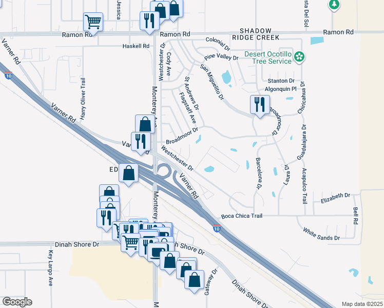 map of restaurants, bars, coffee shops, grocery stores, and more near 33204 Laredo Circle in Thousand Palms