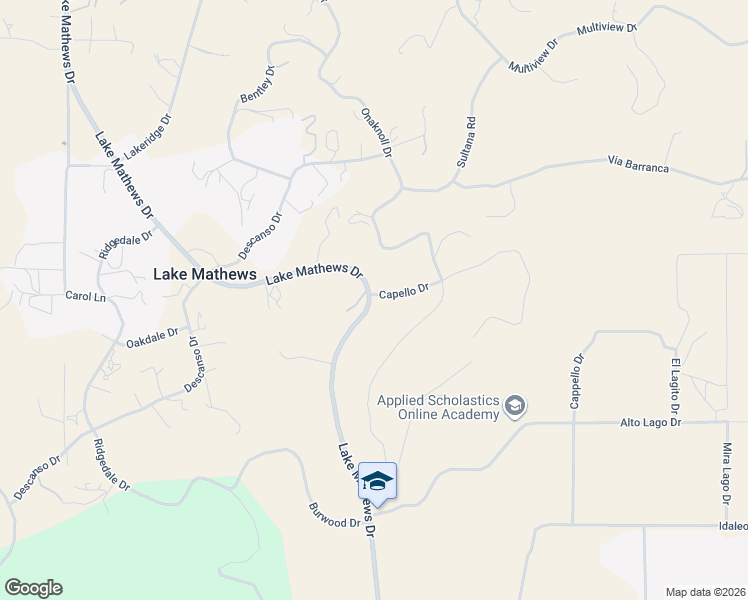 map of restaurants, bars, coffee shops, grocery stores, and more near Capello Drive in Lake Mathews
