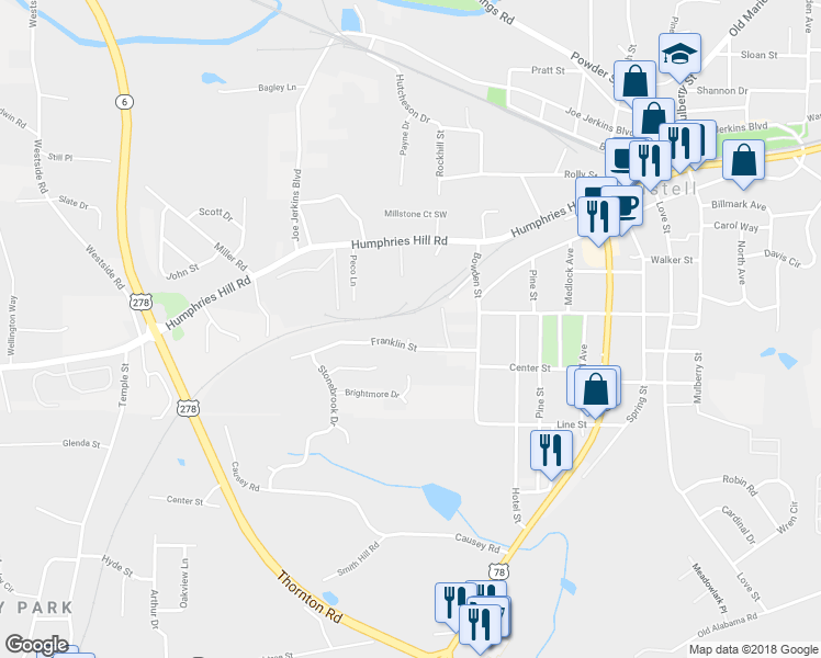 map of restaurants, bars, coffee shops, grocery stores, and more near 1030 Franklin Street in Austell
