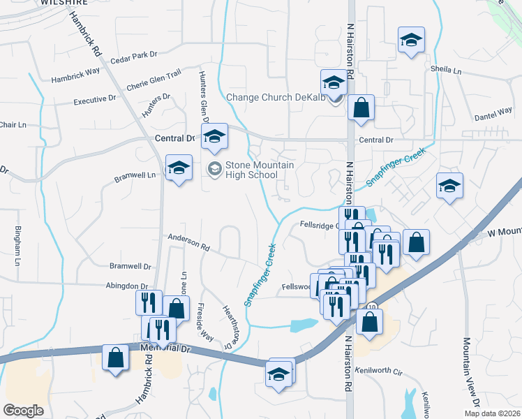 map of restaurants, bars, coffee shops, grocery stores, and more near 1027 Strap Hinge Trail in Stone Mountain