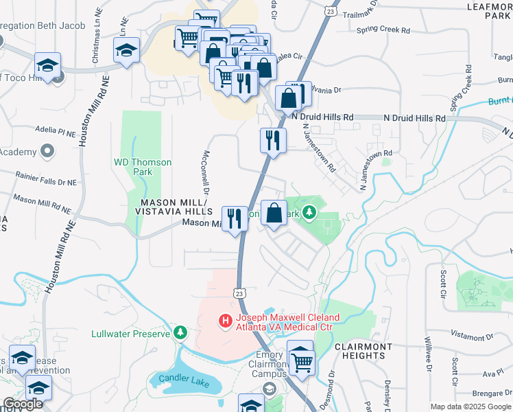 map of restaurants, bars, coffee shops, grocery stores, and more near 1053 Emory Parc Place in Decatur