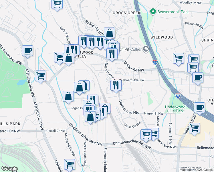 map of restaurants, bars, coffee shops, grocery stores, and more near 1990 Defoor Avenue Northwest in Atlanta