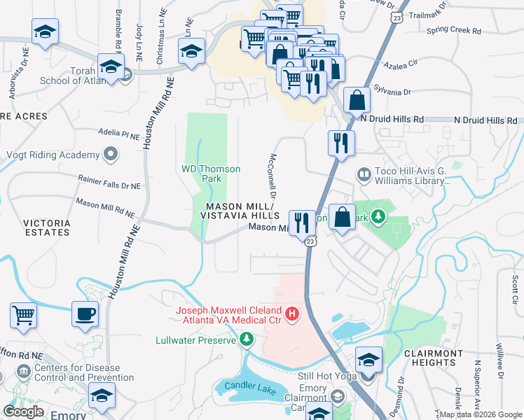map of restaurants, bars, coffee shops, grocery stores, and more near 1026 McConnell Drive in Decatur