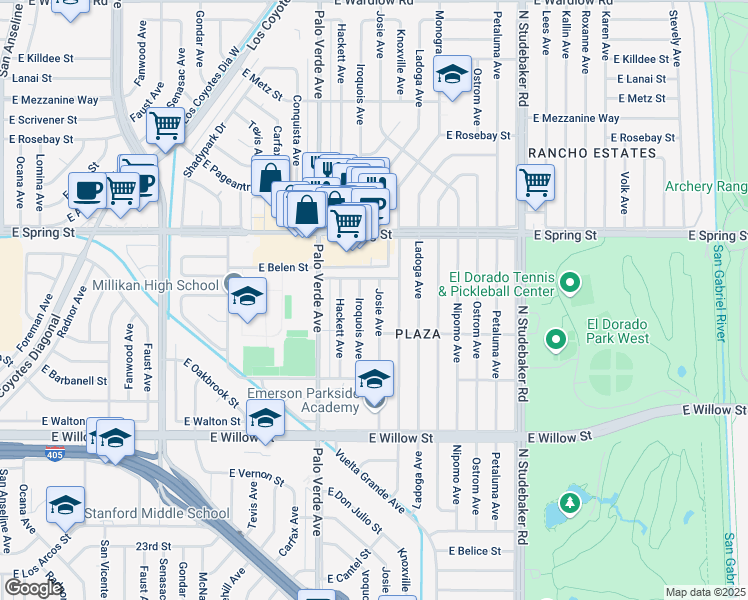 map of restaurants, bars, coffee shops, grocery stores, and more near 2857 Josie Avenue in Long Beach