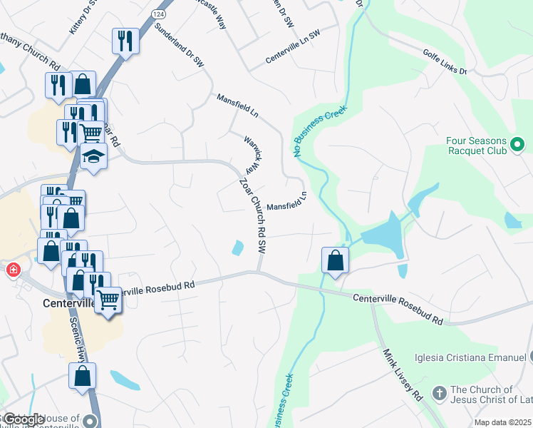 map of restaurants, bars, coffee shops, grocery stores, and more near 3648 Mansfield Lane in Snellville