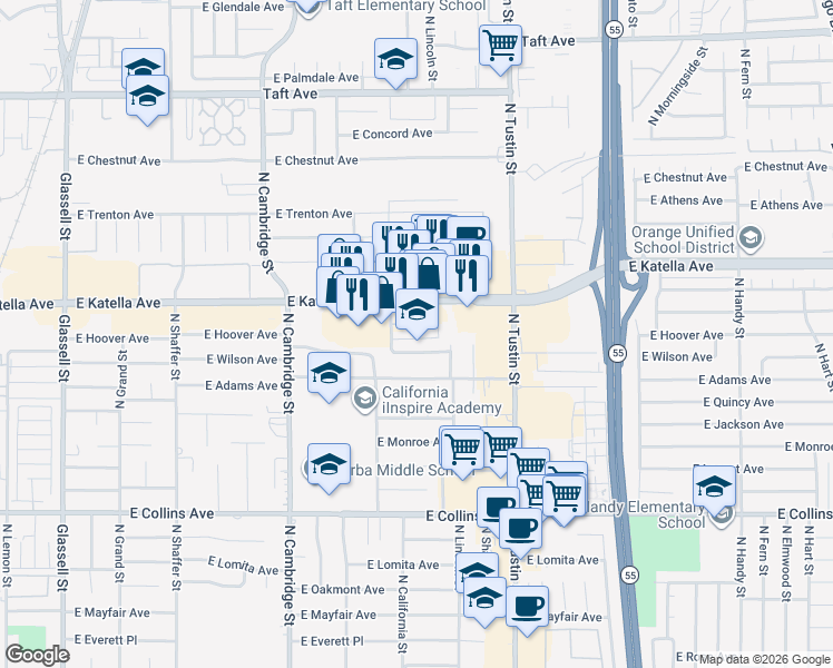 map of restaurants, bars, coffee shops, grocery stores, and more near 1230 East Katella Avenue in Orange