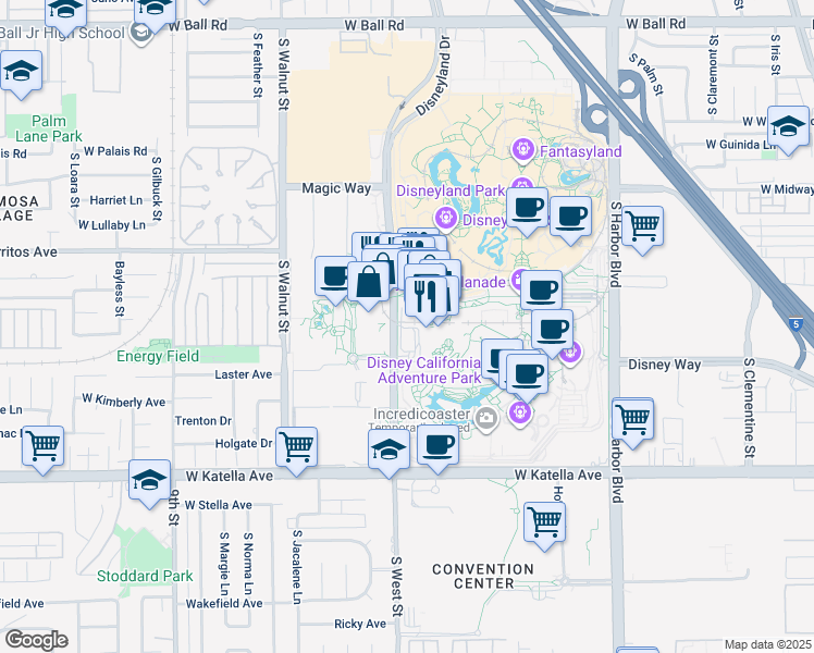 map of restaurants, bars, coffee shops, grocery stores, and more near 1585 Disneyland Drive in Anaheim