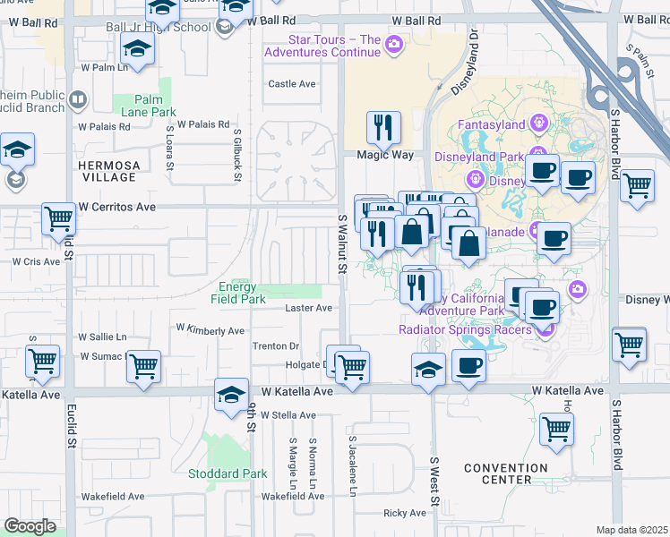 map of restaurants, bars, coffee shops, grocery stores, and more near 1613 South Walnut Street in Anaheim