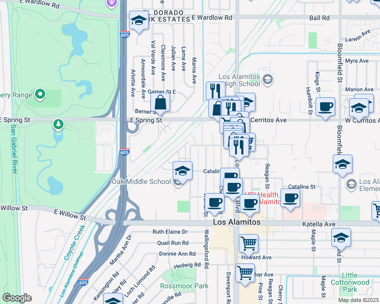 map of restaurants, bars, coffee shops, grocery stores, and more near 10628 Oak Street in Los Alamitos