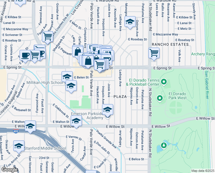 map of restaurants, bars, coffee shops, grocery stores, and more near 2857 Josie Avenue in Long Beach