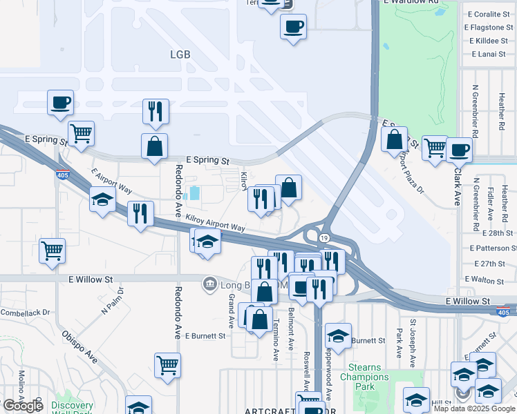 map of restaurants, bars, coffee shops, grocery stores, and more near in Long Beach