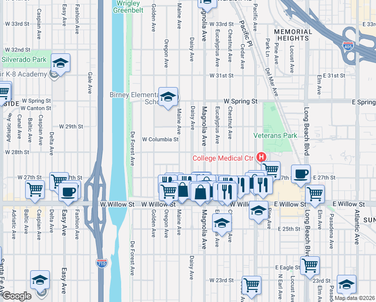 map of restaurants, bars, coffee shops, grocery stores, and more near 2820 Maine Avenue in Long Beach