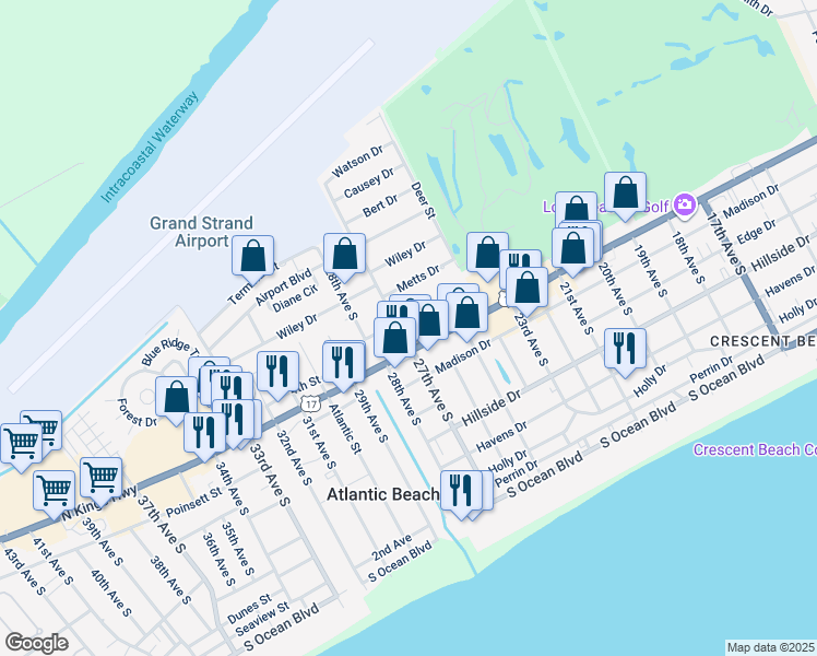 map of restaurants, bars, coffee shops, grocery stores, and more near 1000 27th Avenue South in North Myrtle Beach
