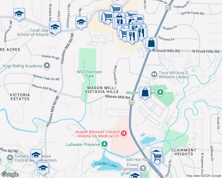 map of restaurants, bars, coffee shops, grocery stores, and more near 1026 McConnell Drive in Decatur
