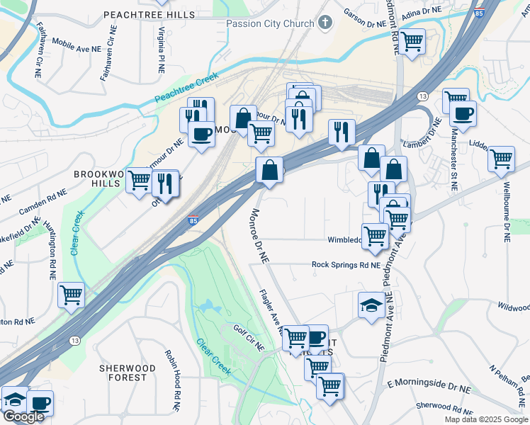 map of restaurants, bars, coffee shops, grocery stores, and more near 1955 Monroe Drive Northeast in Atlanta