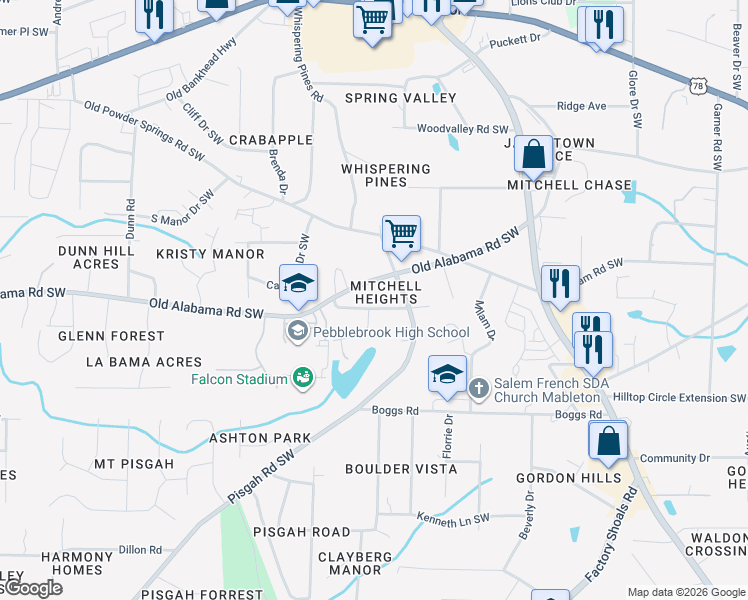 map of restaurants, bars, coffee shops, grocery stores, and more near 843 Old Alabama Road Southwest in Mableton