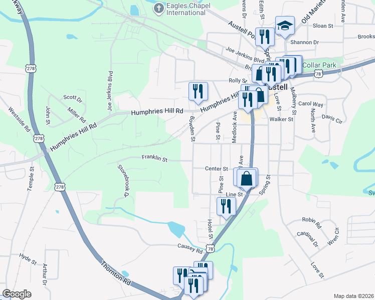 map of restaurants, bars, coffee shops, grocery stores, and more near 6022 Bowden Street in Austell
