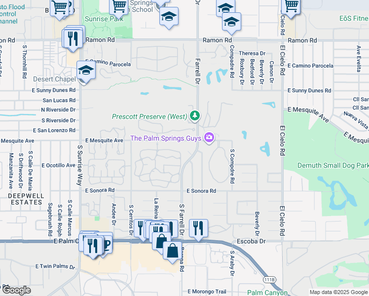 map of restaurants, bars, coffee shops, grocery stores, and more near 2563 East Mesquite Avenue in Palm Springs