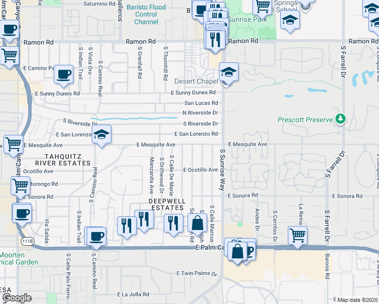 map of restaurants, bars, coffee shops, grocery stores, and more near 1008 Sagebrush Road in Palm Springs