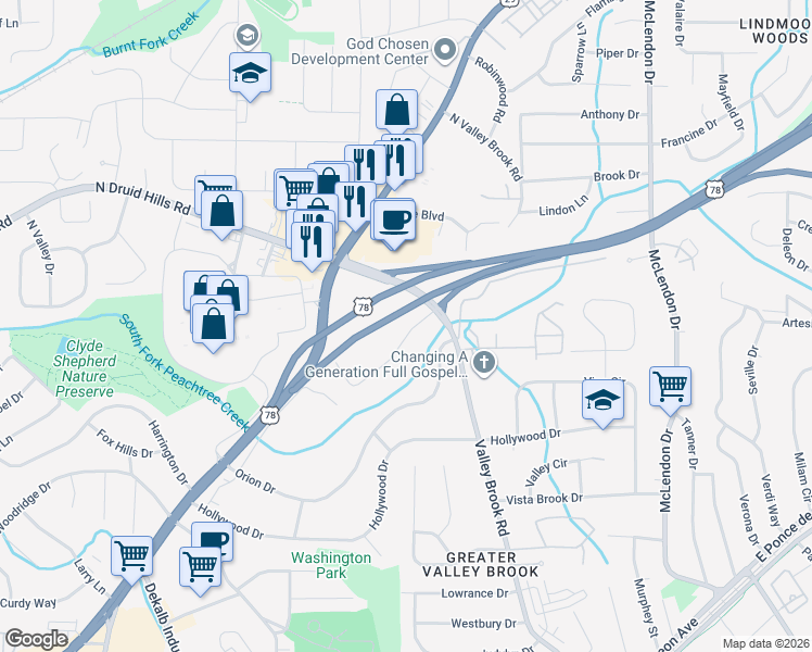 map of restaurants, bars, coffee shops, grocery stores, and more near 2974 Concord Drive in Decatur