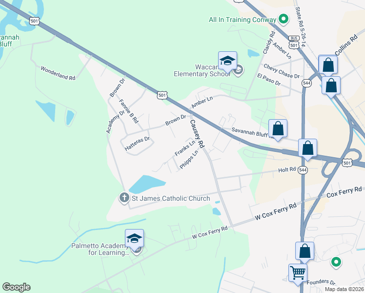 map of restaurants, bars, coffee shops, grocery stores, and more near 1015 Franks Lane in Conway