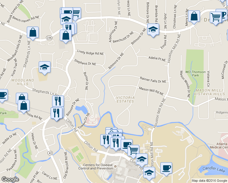map of restaurants, bars, coffee shops, grocery stores, and more near 1421 Rainier Falls Drive Northeast in Atlanta