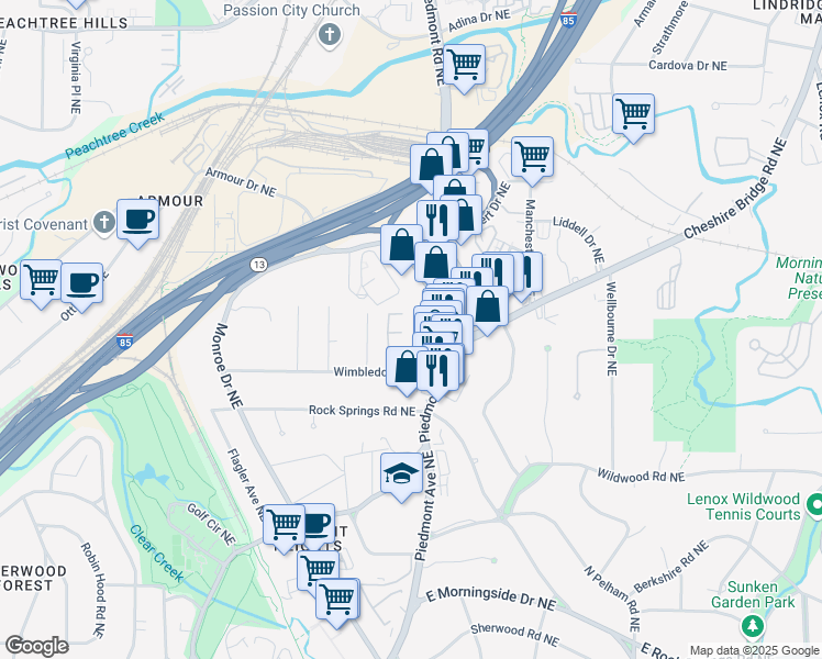 map of restaurants, bars, coffee shops, grocery stores, and more near 1915 Piedmont Circle Northeast in Atlanta